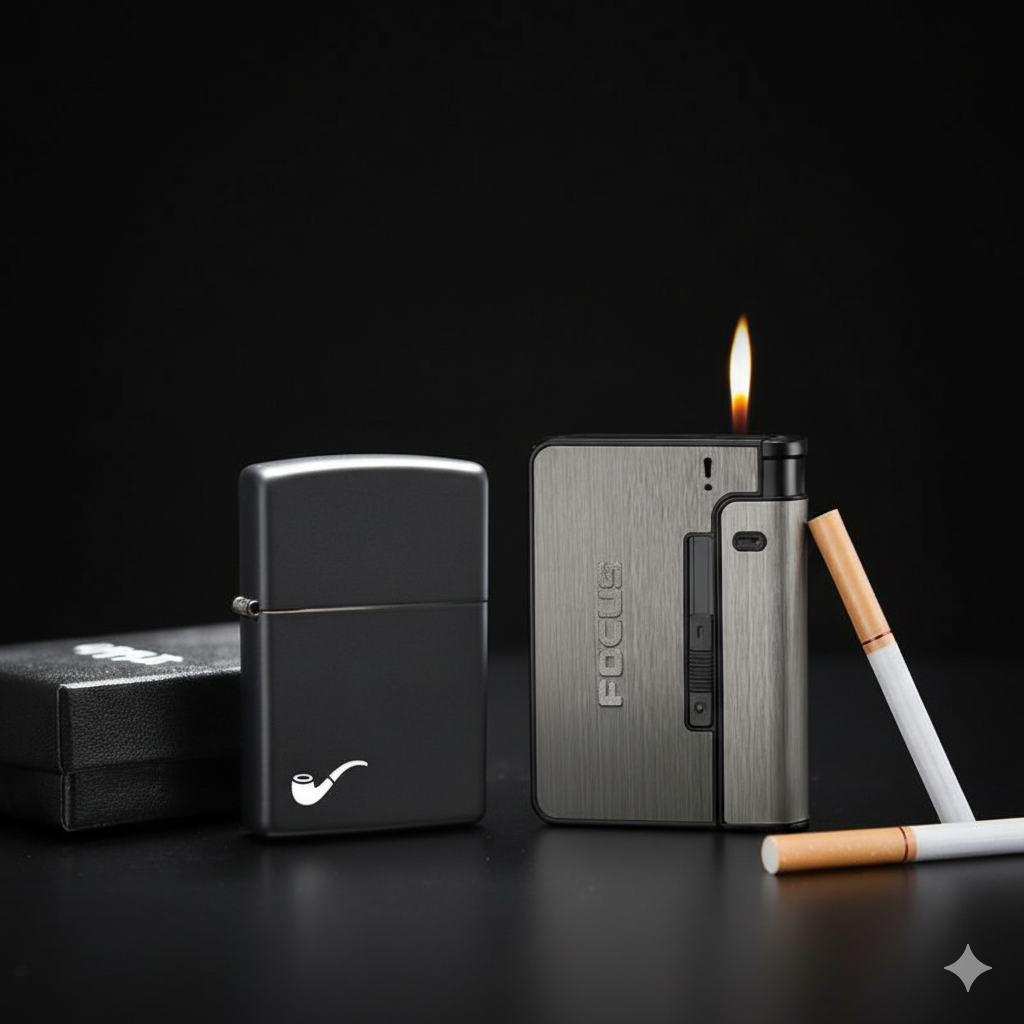 Saving Bundle- Classic black zippo lighter+Focus Aluminium cigarette case