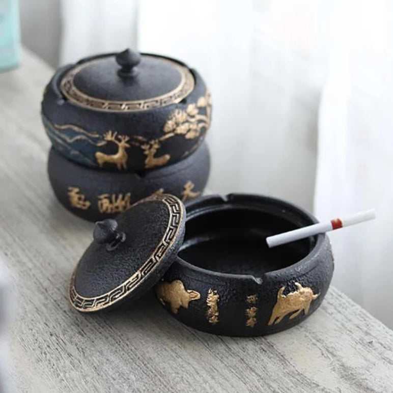 Black Ceramic Ashtray with Lid Gold Border