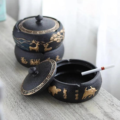 Black Ceramic Ashtray with Lid Gold Border