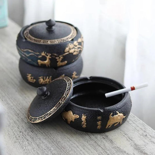 Black Ceramic Ashtray with Lid Gold Border
