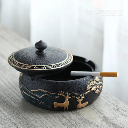 Black Ceramic Ashtray with Lid Gold Border