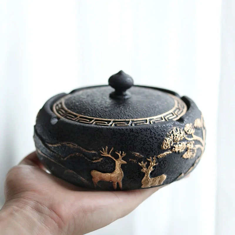 Black Ceramic Ashtray with Lid Gold Border