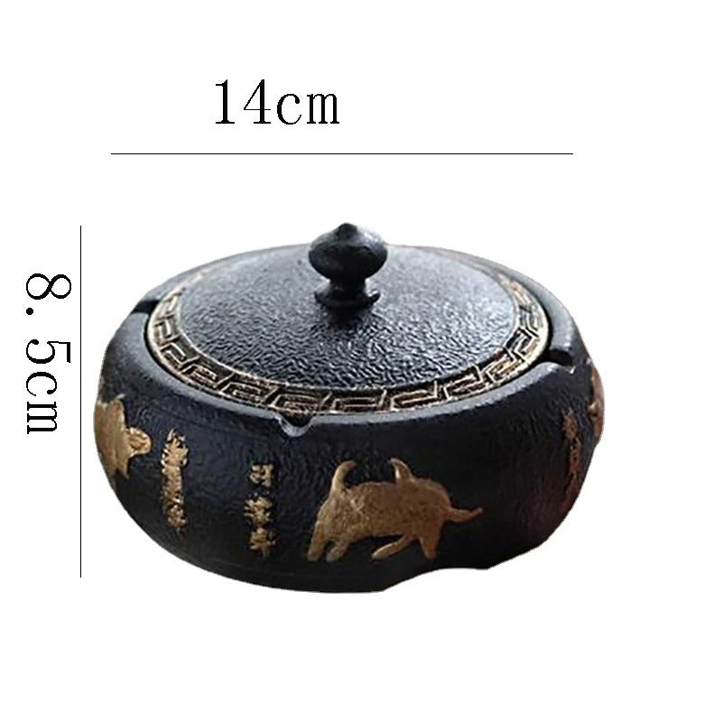 Black Ceramic Ashtray with Lid Gold Border
